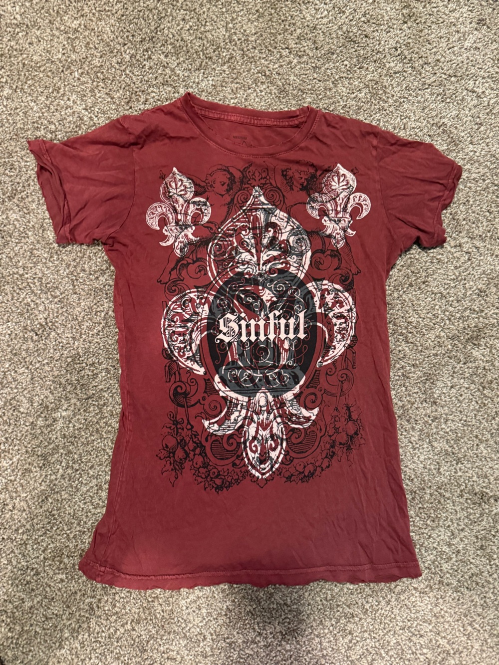 Sinful Women's Burgundy Graphic Tee with Black and White Print